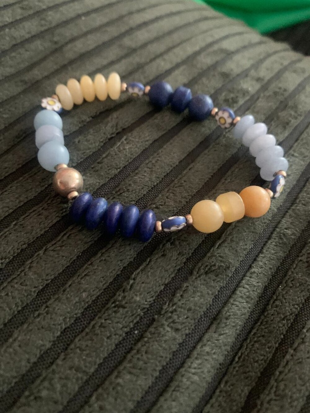 Blue and Yellow Beaded Elastic Bracelet with Flower Daisies